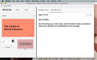 Screenshot of presenter notes on a Mac desktop, with slide previews on the left. The presenter notes window is attached to the top toolbar of the screen and hiding all the other windows behind it.